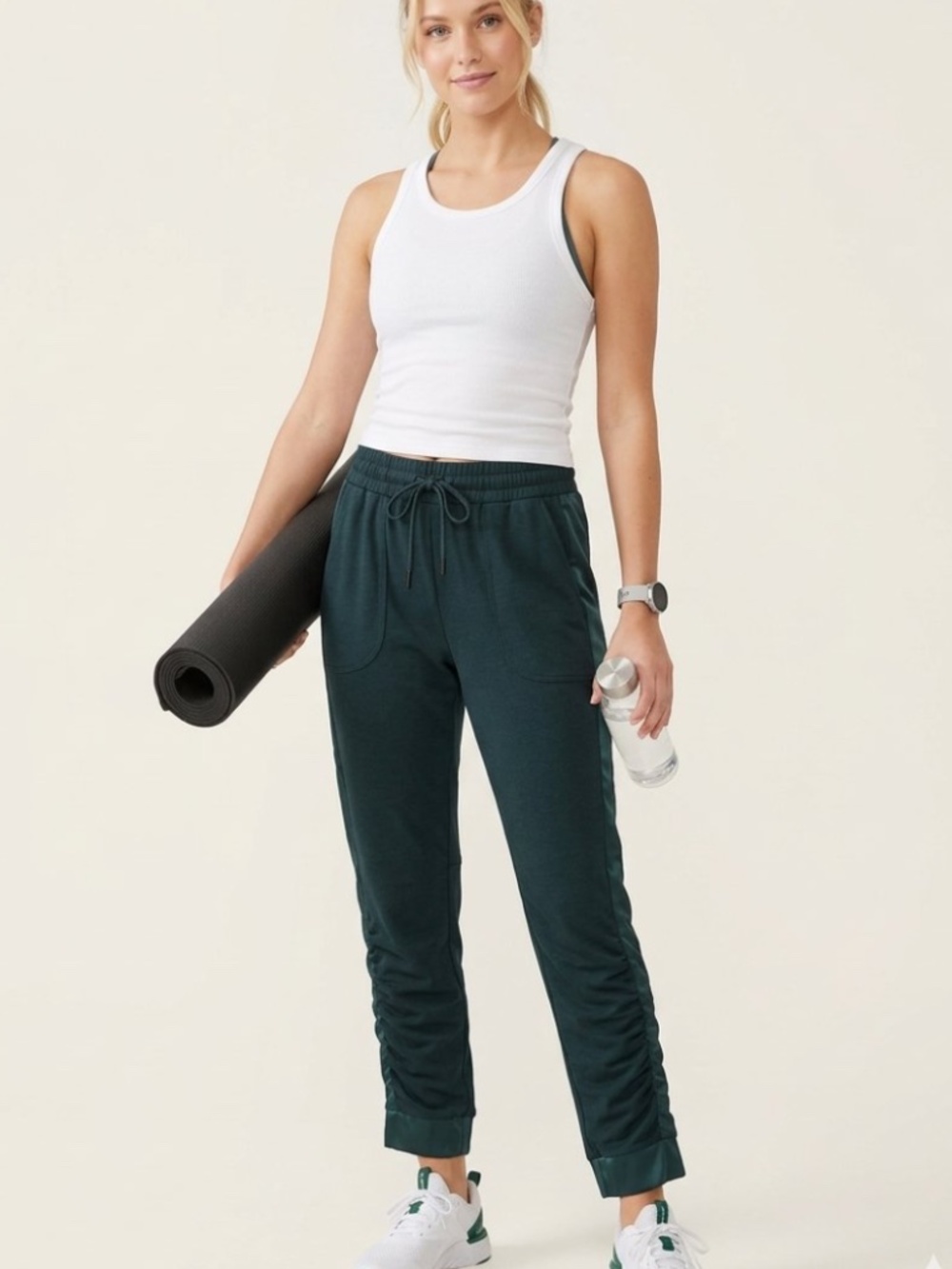 Halston Studio Ruched Joggers Forest Green Satin Stripe Drawstring Pants Size L